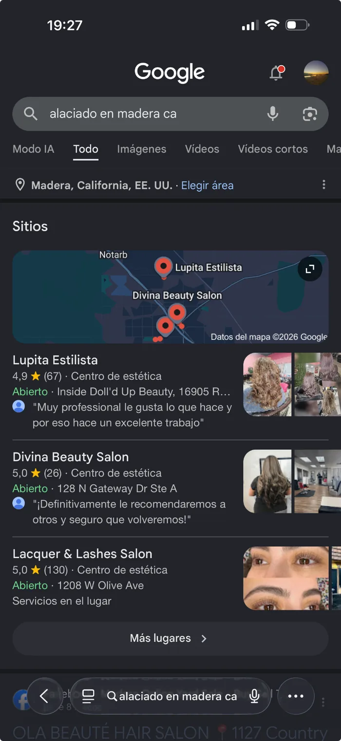 Captura de Google mostrando a Lupita Estilista en el Top 3 - Búsqueda: alaciado