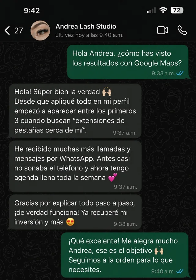 Testimonio por WhatsApp de Andrea Lash Studio