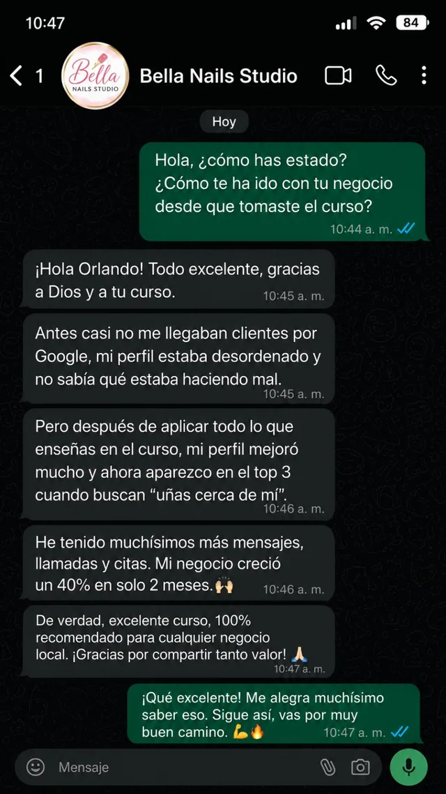 Testimonio por WhatsApp de Bella Nails Studio