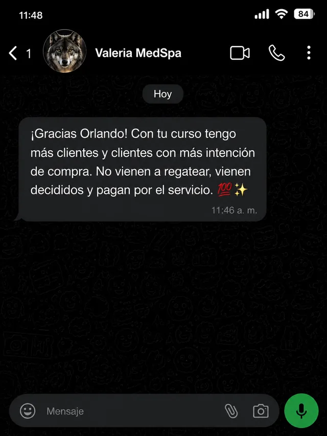 Testimonio por WhatsApp de Valeria MedSpa